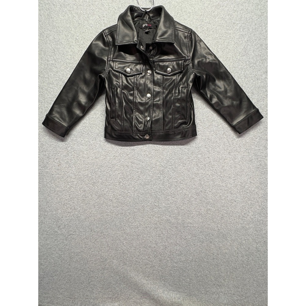 Girls Black Faux Leather Trucker Jacket‎ Size 4 Style 313164R Silver Buttons
